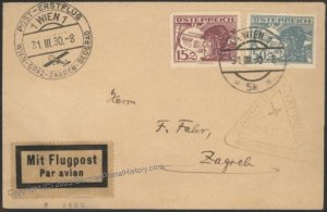 Austria 1930 Vienna Flight Flugpost Airmail Cover to Zagreb Beograd 110606