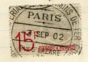 FRANCE; Early 1900s classic Paris Revenue issue 15Fr. fine cancel