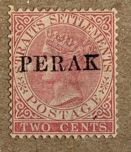 Malaya Perak 1886 2c pale rose Crown CA. Unused no gum. Scott 6, CV $5.50. SG 17