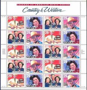 Country and Western Music Legends 29 Cent Sheet of 20 Postage Scott 2771-74