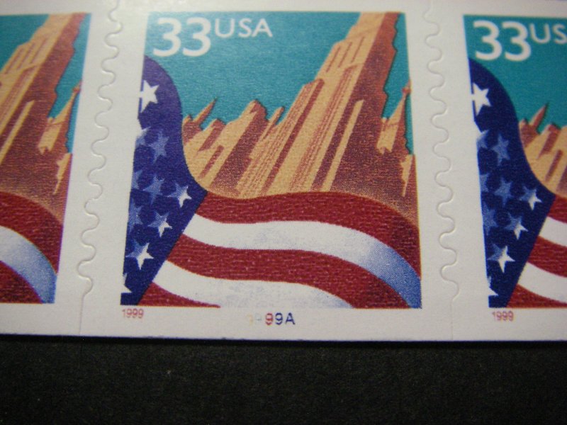 Scott 3281d, 33 cent Flag over City, PNC3 #9999A, MNH Coil Beauty, CV $38