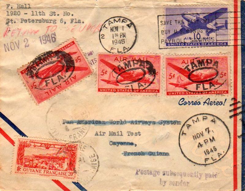 French Guiana U.S. 10c Transport 1946 Tampa, Fla. Pan Am Test Flight Airmail ...