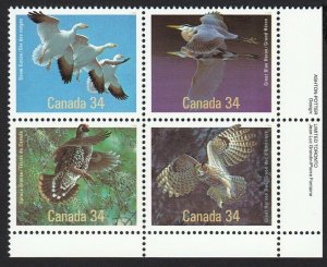 Birds = Owl, Heron, Grouse, Goose = Canada 1986 # 1098a MNH LR BLOCK OF 4