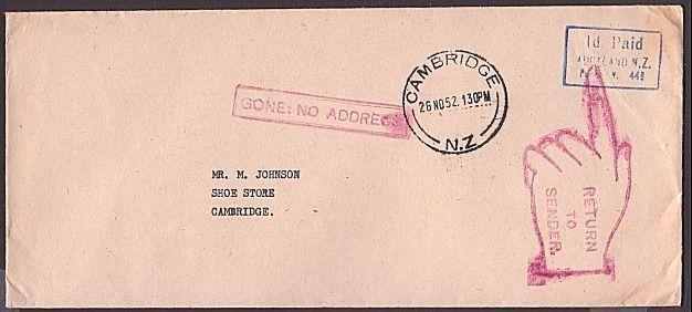 NEW ZEALAND 1952 cover to Cambridge : GONE NO ADDRESS