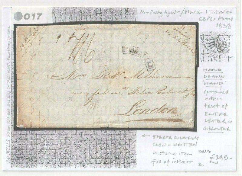 GIBRALTAR Framed Curve Cancel Forwarded London Hand Illustrated 1838 O17