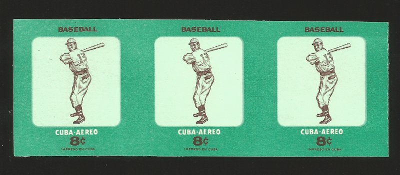 J) 1957 CARIBE, IMPERFORATED, BASEBALL PLAYER, STRIP OF 3 MNH