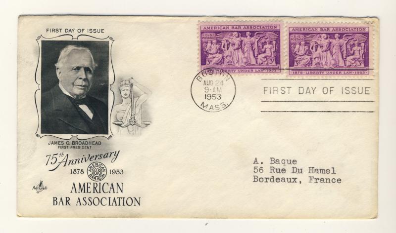 US - 1953 - Scott 1022 FDC - American Bar Association - x2