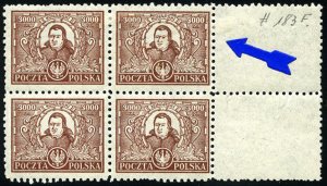 Poland #193a, 1923 Konarski, right sheet margin block of four, upper right st...