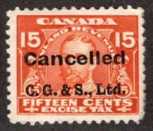 FX6, van Dam, Canada, Excise,  15c, Playing Card Precancel, C.G. & S., Ltd.