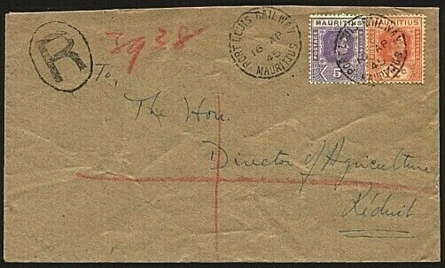 MAURITIUS 1945 local registered cover PORT LOUIS RAILWAY cds...............97921