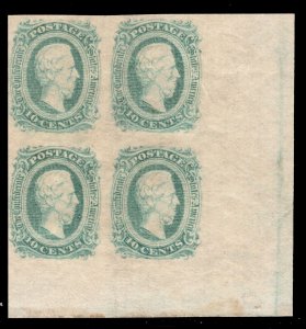 MOMEN: US CSA #11d GREEN IMPERF CORNER BLOCK MINT OG NH VF CSA CERT LOT #90066