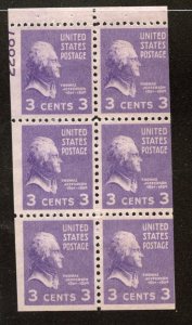 US Scott 807a Booklet pane of 6 with Partial  plate number MNH