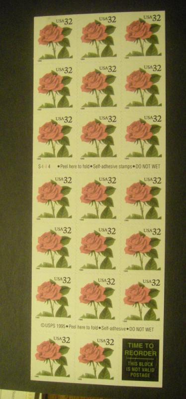 Scott 2492a, 29c Pink Rose, Pane of 20, #S444, MNH Booklet Beauty