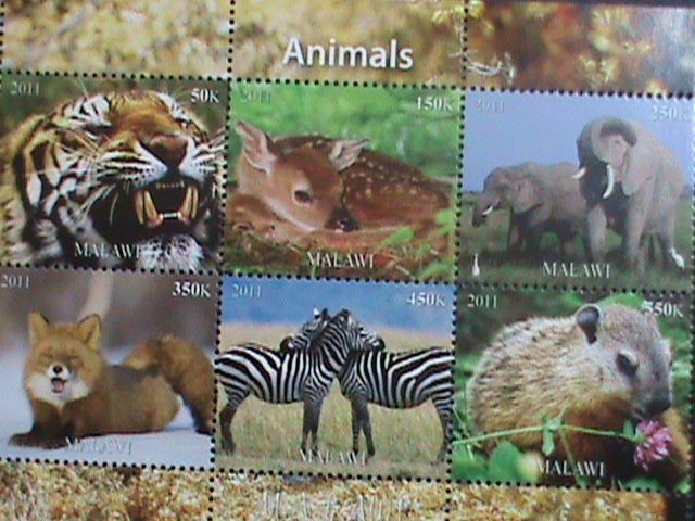 MALAWI-2011 ENDANGER ANIMALS-LOVELY ZEBRA-TIGER-DEER -ELEPHANTS-ECT. -MNH S/S