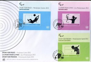 UNITED NATIONS 2012 PARALYMPIC GAMES NY GENEVA VIENNA S/SHEETS FIRST DAY COVER