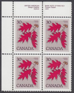 Canada - #720 Red Oak Plate Block  - MNH