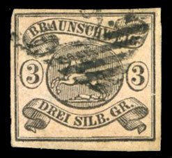 German States, Brunswick #10 (Mi. 8) Cat€110, 1853 3sgr black on rose, used...