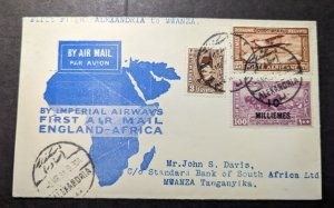 1931 Egypt Airmail First Flight Cover FFC Alexandria to Mwanza British KUT