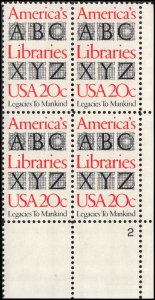 US #2015 AMERICA'S LIBRARIES MNH LR PLATE BLOCK #2 DURLAND $1.75