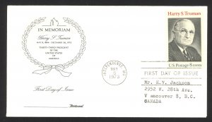 USA Sc# 1499 (Fleetwood) FDC single (b) (Independence, MO) 1973 Harry S. Truman