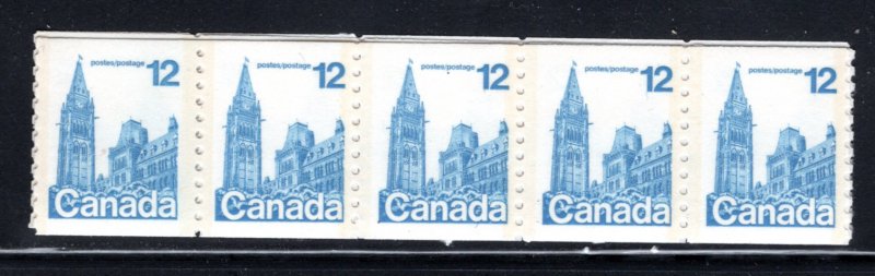 729 coil of 714, Scott, 12c, blue, LF, Parliament, strip of 20, MNH