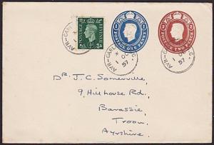 GB SCOTLAND 1957 GVI double die envelope AYR - CARLISLE S.C. railway pmk....6411