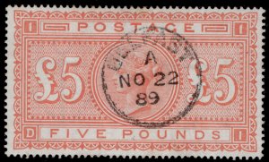 GB QV SG137, SCARCE £5 orange, FINE USED. Cat £3750. BELFAST CDS DI