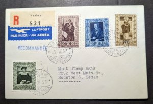 1953 Registered Liechtenstein Airmail Cover Vaduz to Houston TX USA