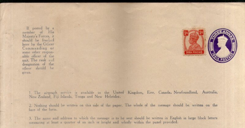 India 1943 3As KG VI Airgraph Letter Sheet Postal Stationery Unused # 10630