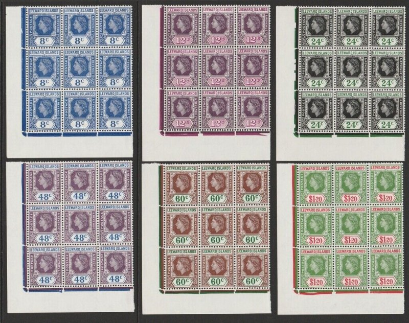 LEEWARD ISLANDS 1954 QEII set ½c - $4.80 blocks. MNH **.