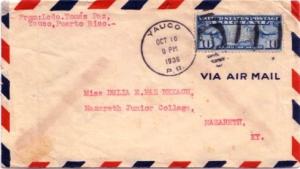 Puerto Rico 10c Map 1936 Yauco, P.R. Airmail to Nazareth, Ky.