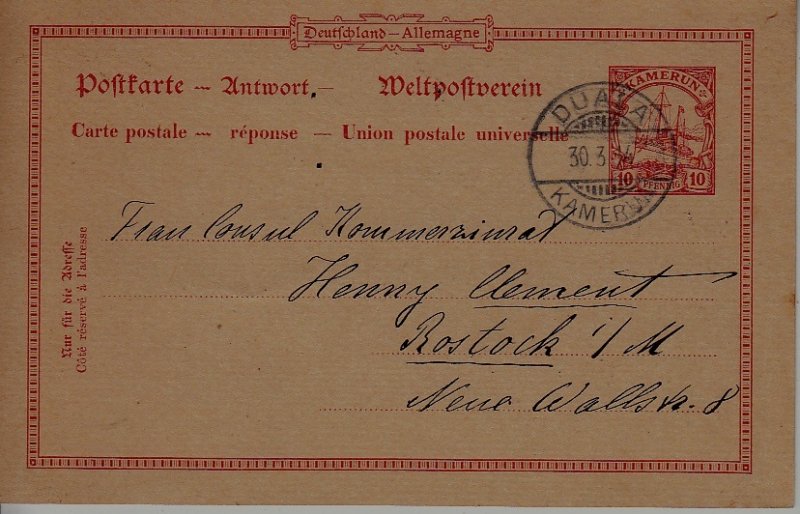 Cameroun (Germany col.) used card 30.3.14 Duala