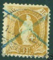 Switzerland Scott 88b 3fr yellow brn 1901 stamp CV$19, Cr...