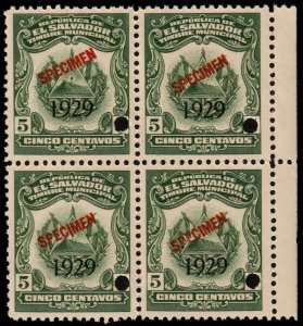 ✔️ EL SALVADOR 1929 (1920) COAT OF ARMS BL/4 MUNICIPAL REVENUE 5 CTVS MNH [047]