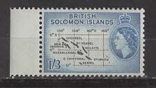 Solomon Islands # 100 QE II  Definitive:  1sh3d  Map (1)  Mint NH