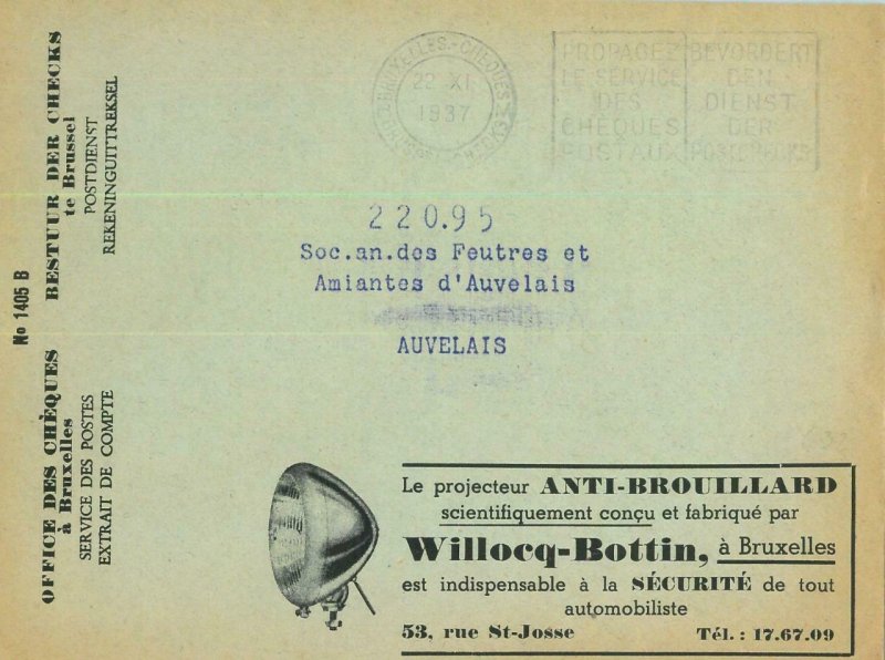 93161 - BELGIUM - POSTAL HISTORY - Advertising CHEQUES COVER 1937 Autos MEDICINE