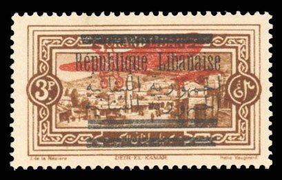 Lebanon #C22a Cat$65, 1928 3p orange brown, double overprint, lightly hinged