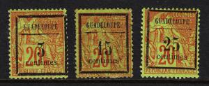 GUADELOUPE — SCOTT 3-5 — 1889 SURCHARGE SET — TYPE C — MH/USED — SCV $65.25