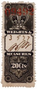 (I.B) Canada Revenue : Weights & Measures 20c (1876)