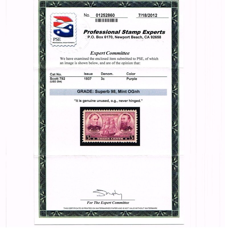 EXCEPTIONAL GENUINE SCOTT #792 MINT PRISTINE OG NH PSE CERT GRADED SUPERB-98