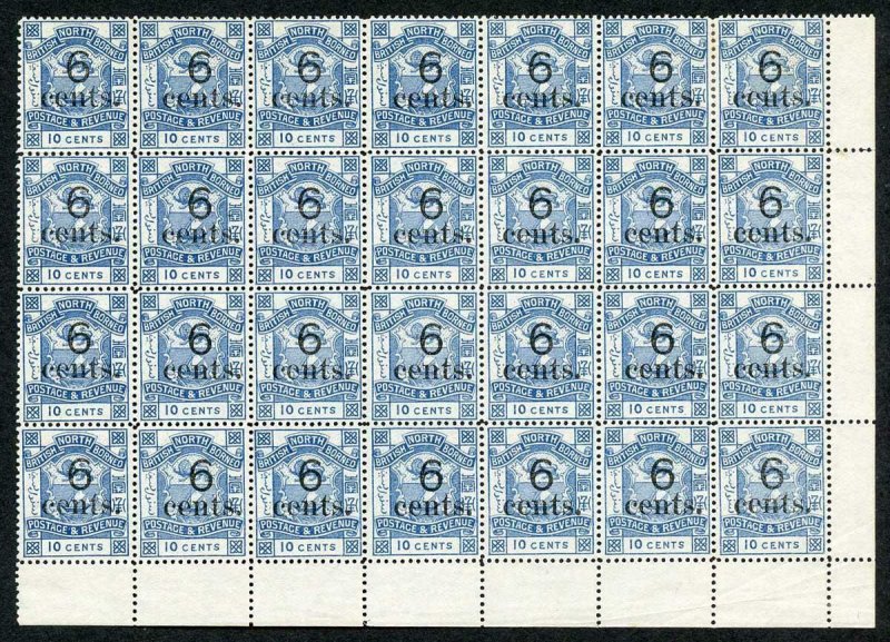 North Borneo SG57/a 1891 6c on 10c blue Corner Block of 28 inc Large S in cents