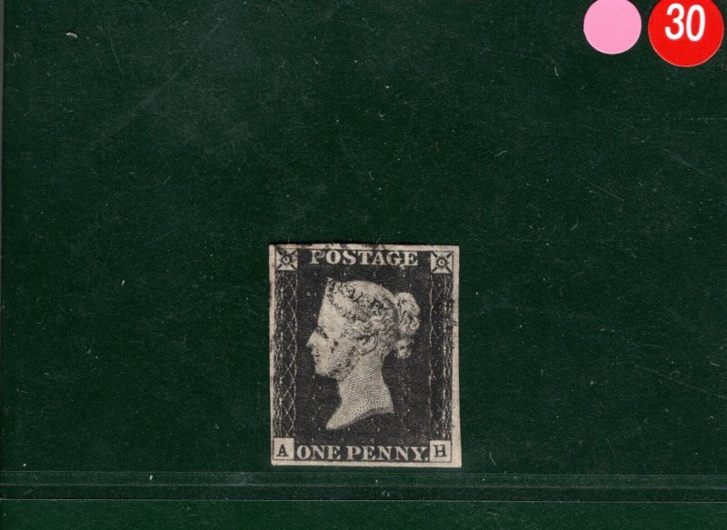 GB PENNY BLACK 1840 QV Stamp SG.2 1d Plate 2 (AH) Used MX Cat £375 PIRED30 