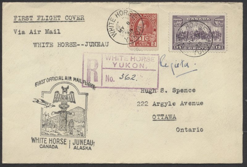 1938 White Horse Yukon to Juneau Alaska Flight Cover Registered AAMC #3813a