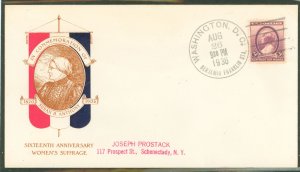 US 784 (1936) 3c Susan B. Anthony (Women's suffrage) single on an addressed (handstamp) First Day cover with a Plimpton ...