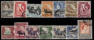 KENYA UGANDA TANGANYIKA QEII SG167-180, 1954-59 complete set FINE USED. Cat £32.