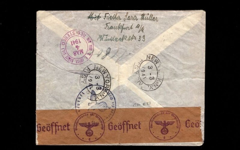 Germany WWII Judaica Frankfurt Sara Cover Air Mail Fankfort Censor USA 1941 7g