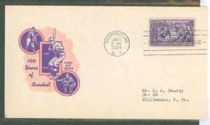 US 855 1939 3c Baseball/one hundred years (single) on a typed addressed FDC with an loor cachet