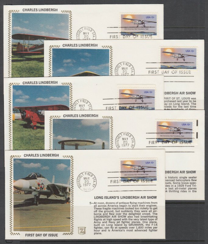 US Sc 1710  FDC. 1977 Charles Lindbergh, Z Silk Cachet Special Edition, cplt set