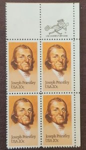 us Scott # 2038; 20c Joseph Priestley from 1983; MNH, og; Zip Block of 4; VF