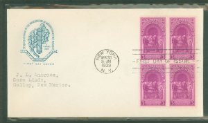US 854 1939 3c 150th Anniv. of Washington's inauguration block of four on a FDC with a typed address and a House of Farn...